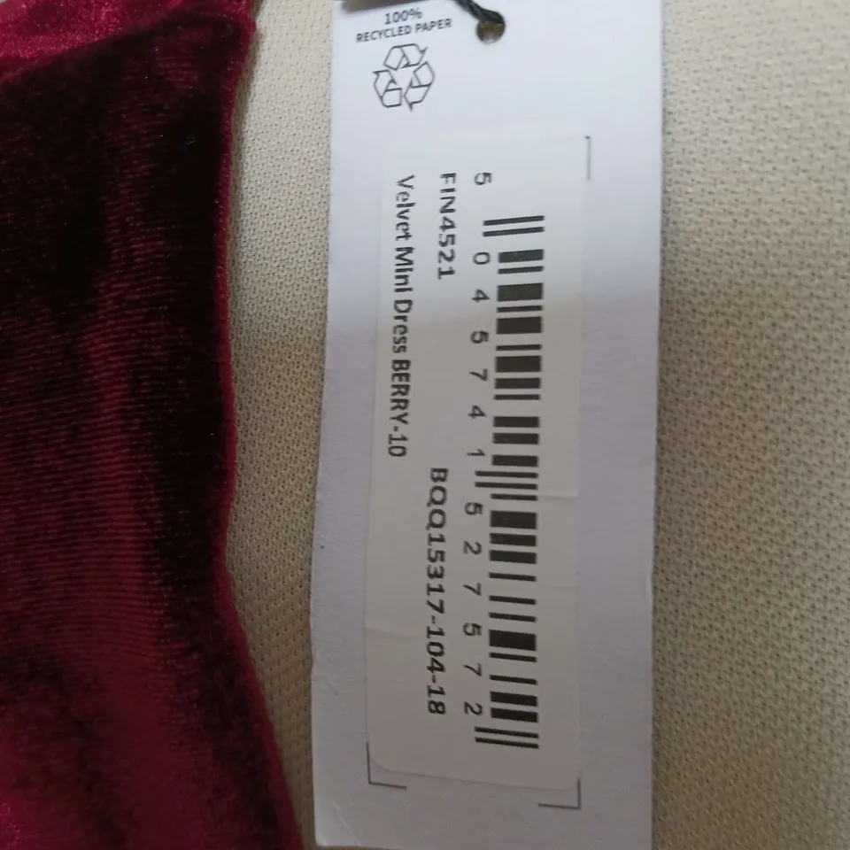 DOROTHY PERKINS VELVET MINI DRESS BERRY SIZE 10