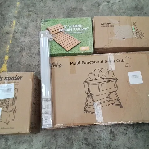 PALLET CONTAINING ASSORTED HOUSEHOLD PRODUCTS INCLUDING AIR COOLER, ROLLER BLIND, MULTI FUNCTIONAL BABY CRIB, 8' WOODEN GARDEN PATHWAY & BALANCE BIKE