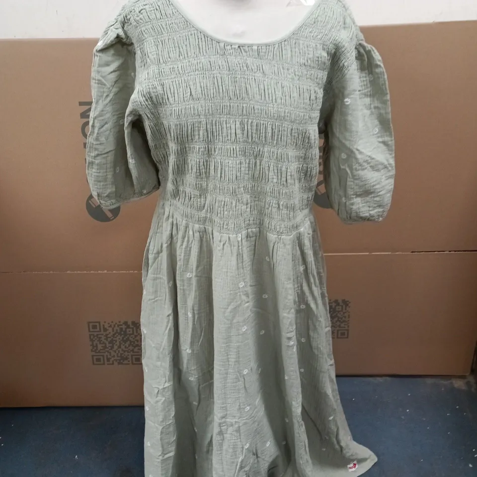 TOGETHER SAGE GREEN DRESS WITH SMOCKED BODICE AND PUFF SLEEVES SIZE 16