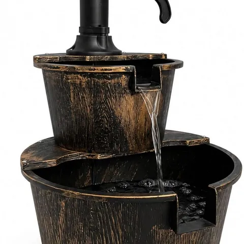 BOXED 2 TIER CASCADING BARREL GARDEN WATER PUMP FOUNTAIN FEATURE