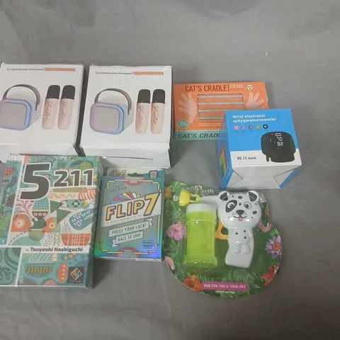 ASSORTED CHILDREN'S TOYS & GAMES BUNDLE: CAT'S CRADLE, FLIP7, BOOK & PANDA TOY, PLUS WRIST BP MONITOR