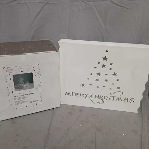 PALLET OF APPROXIMATELY 60 ASSORTED CHRISTMAS DECOARTIONS TO INCLUDE; SET OF TWO LED GLASS ANGEL LIGHTS AND MERRY CHRISTMAS TEXT BOXES
