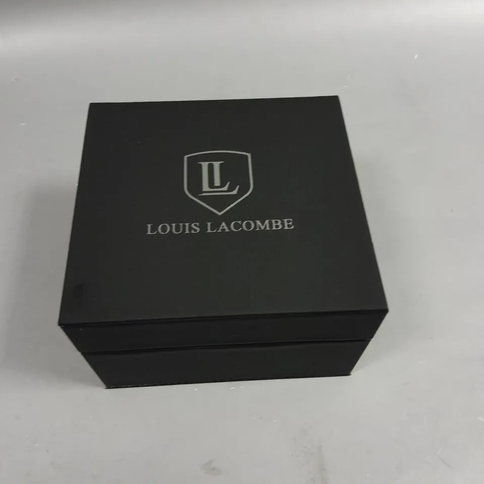 LOUIS LACOMBE BLUE SKELETON DIAL WATCH WITH STAINLESS STEEL CASE AND BLACK LEATHER STRAP IN GIFT BOX