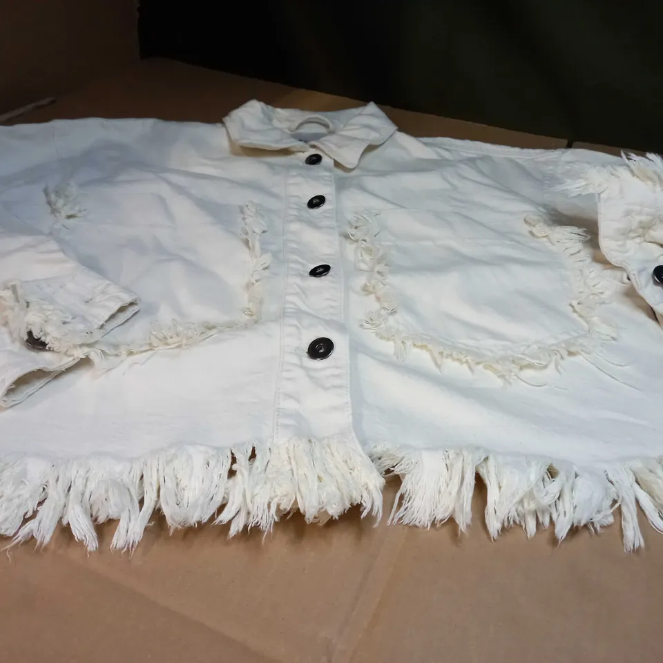 PULL&BEAR CREAM FRAYED OVERSIZED DENIM JACKET - XS