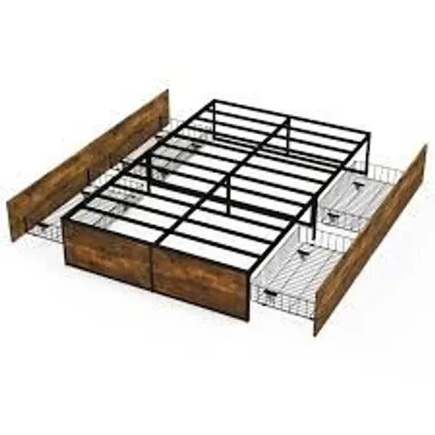 BOXED COSTWAY SMALL DOUBLE METAL BED FRAME WITH 4 ROLLING UNDERBED STORAGE DRAWERS- 190 X 120 X 33cm