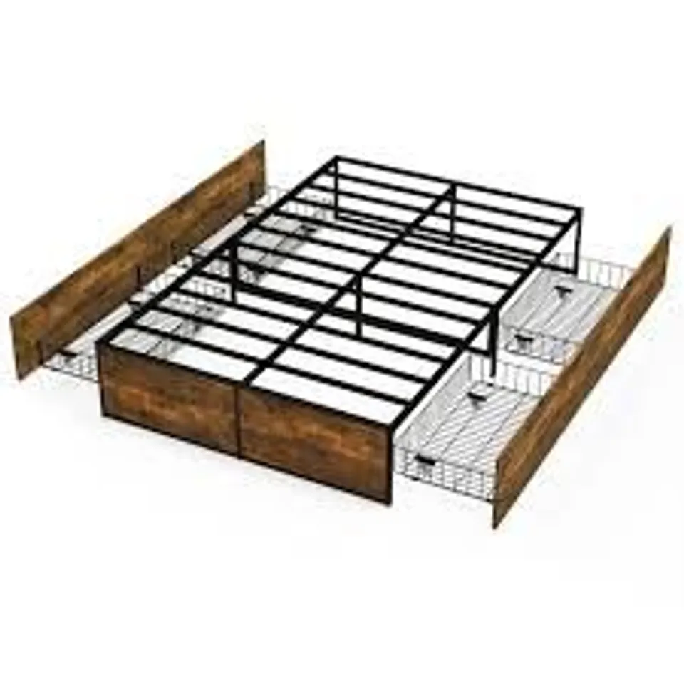 BOXED COSTWAY SMALL DOUBLE METAL BED FRAME WITH 4 ROLLING UNDERBED STORAGE DRAWERS- 190 X 120 X 33cm