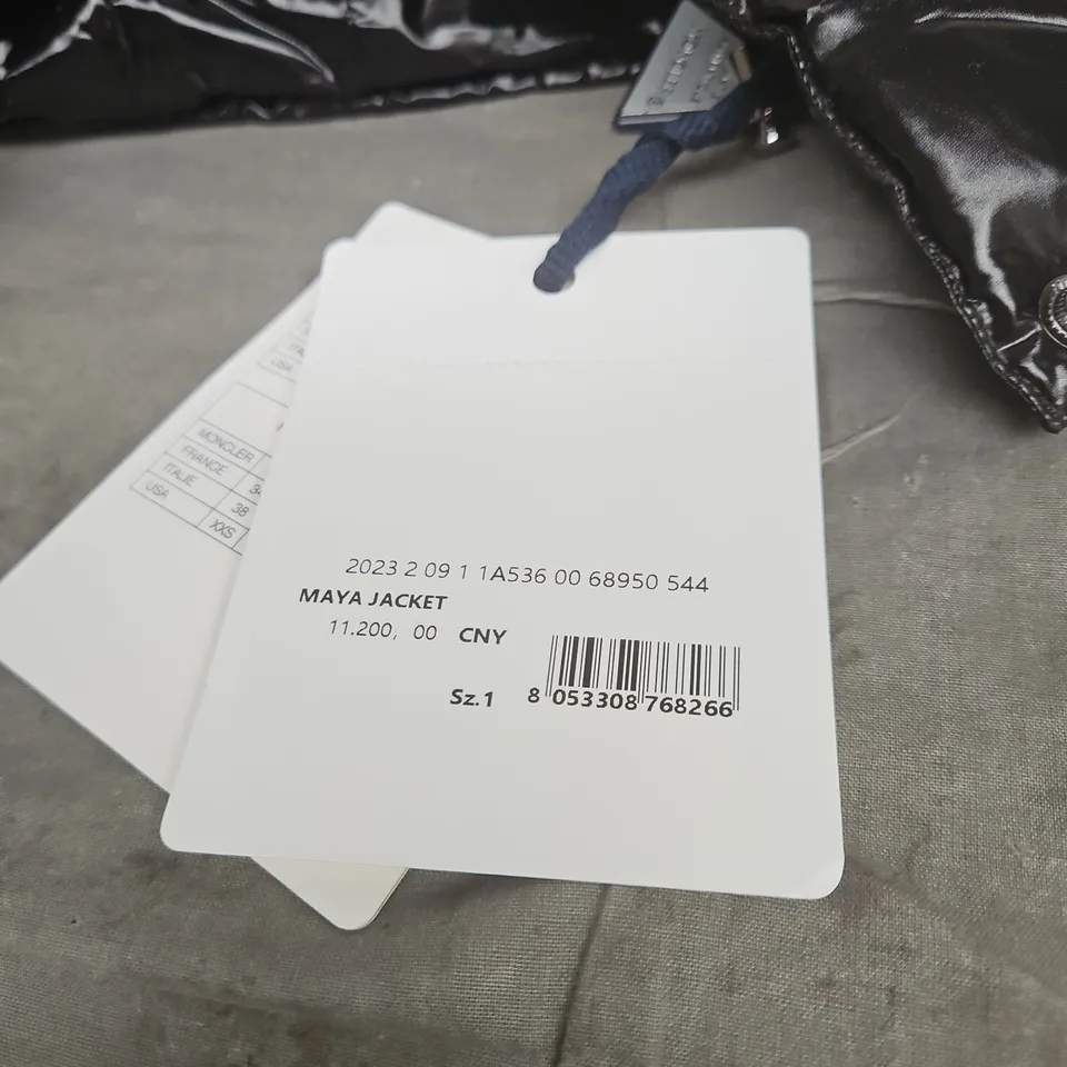 MONCLER BLACK MAYA JACKET WITH HOOD, SIZE 1 WITH TAGS