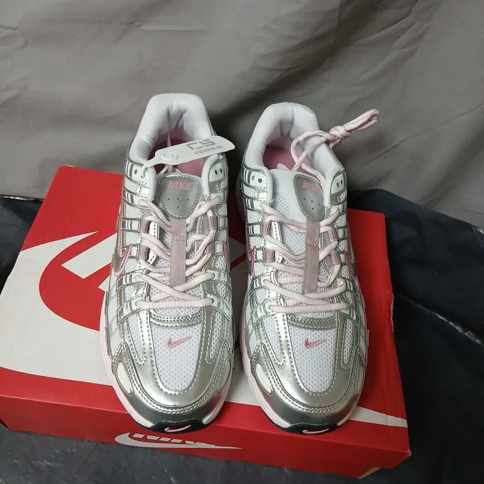 NIKE P-6000 SNEAKERS – WHITE/METALLIC SILVER WITH PINK ACCENTS, WOMEN'S UK 6