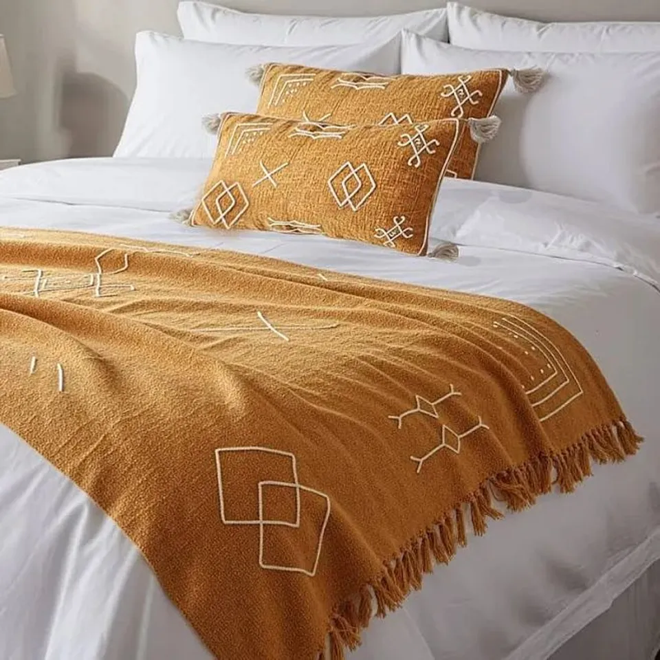 SERENITY NIGHTS LUXURY HANDLOOM EMBROIDERED THROW AND PILLOWCASES BLUE