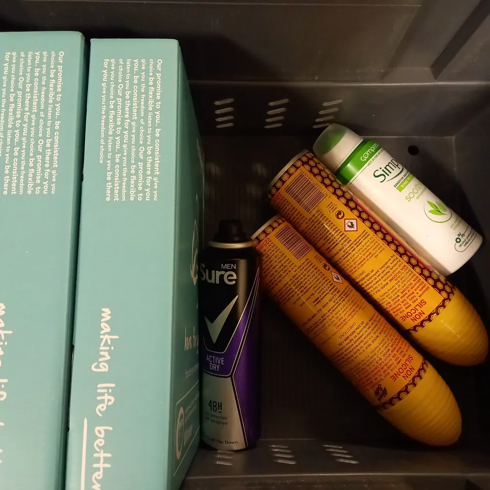 BOX OF APPROX 10 ASSORTED AEROSOLS INCLUDING WOOD SILK, DOVE DEODORANT AND SIMPLE ANTI PERSPIRANT - COLLECTION ONLY