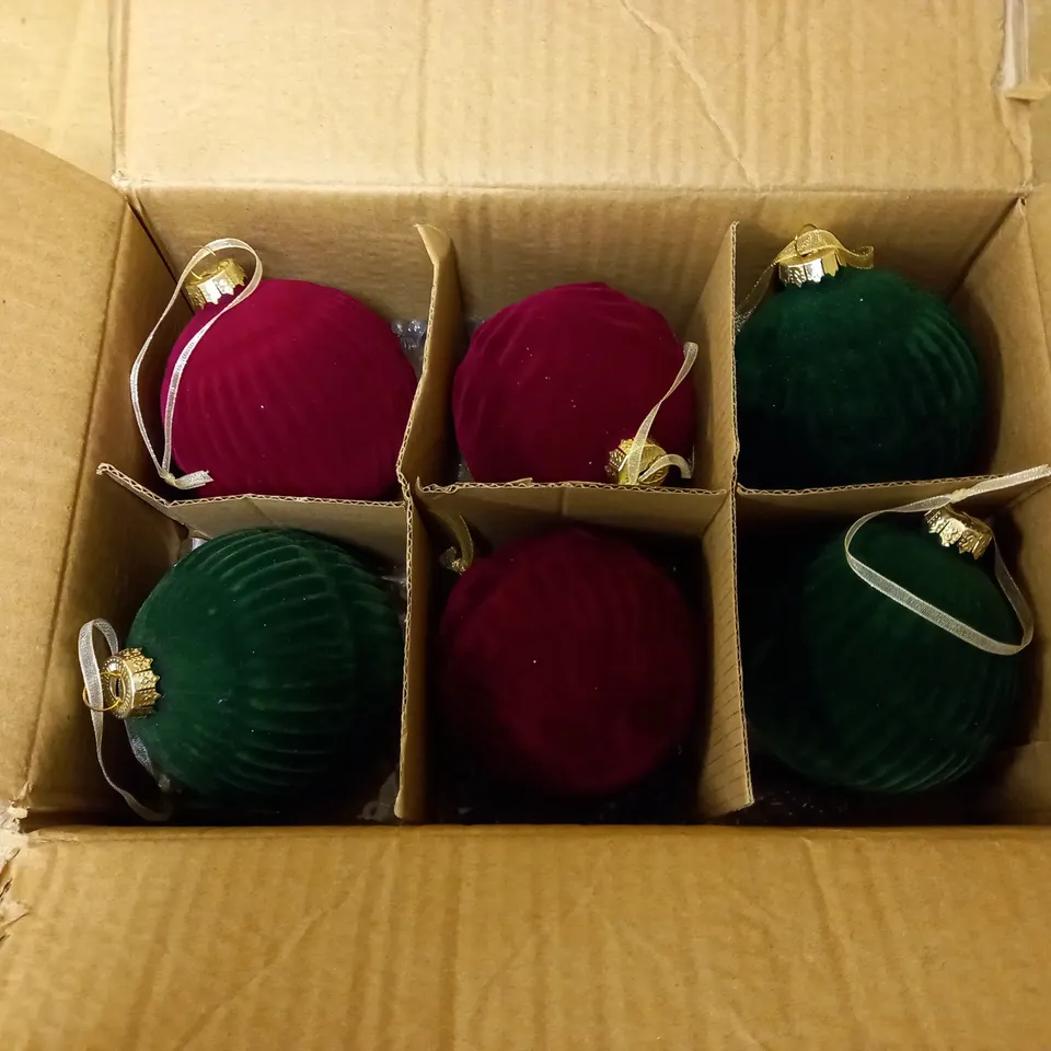 ALISON CORK SET OF 6 RED & GREEN FLOCKED VELVET GLASS BAUBLES