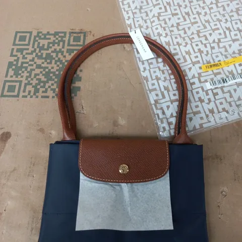 LONGCHAMP NAVY CANVAS HANDBAG WITH BROWN LEATHER TRIM