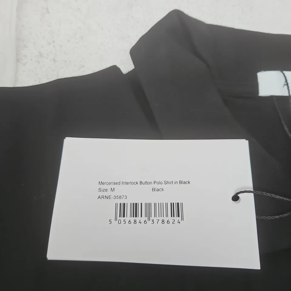 ARNE MERCERISED INTERLOCK BUTTON POLO SHIRT – BLACK, SIZE M 