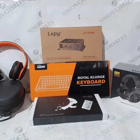 BOX OF APPROX 6 ITEMS TO INCLUDE - BLUETOOTH SLEEPING MASK - WIRELESS HEADPHONES - KEYBOARDECT