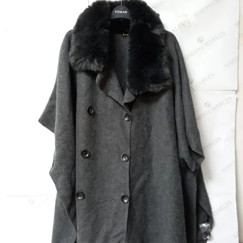 FRANK USHER DOUBLE BREASTED CAPE WITH FAUX FUR COLLAR IN CHARCOAL ONE SIZE 