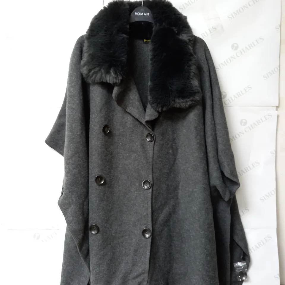 FRANK USHER DOUBLE BREASTED CAPE WITH FAUX FUR COLLAR IN CHARCOAL ONE SIZE
