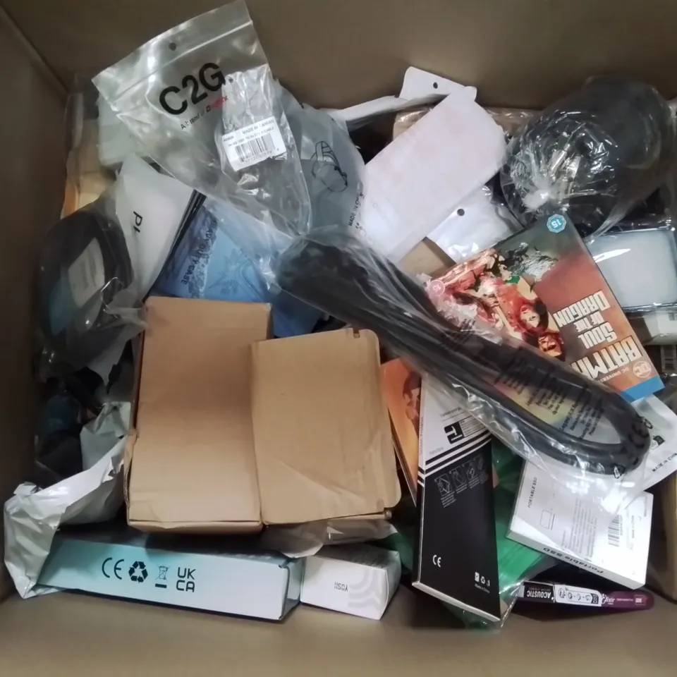 BOX CONTAINING LARGE AMOUNT OF MIXED BOXED ELECTRICAL ITEMS PHONE ACCESSORIES LIGHTING ETC.