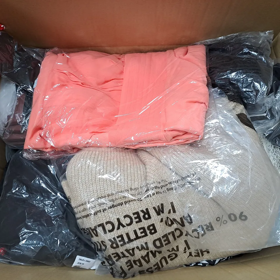 LARGE BOX OF ASSORTED CLOTHING ITEMS IN VARIOUS COLOURS AND SIZES INCLUDING TROUSERS , TOPS AND JUMPERS 
