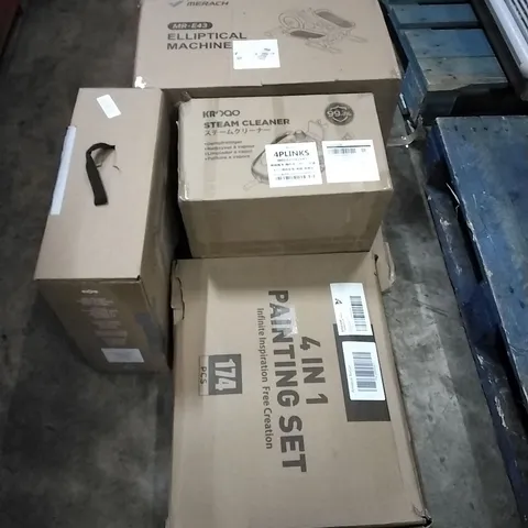 PALLET OF HOUSEHOLD ITEMS TO INCLUDE ELLIPTICAL MACHINE, STEAM CLEANER, TURNTABLE SYSTEM, 4 IN 1 PAINTING SET AND OTHER ASSORTED ITEMS...