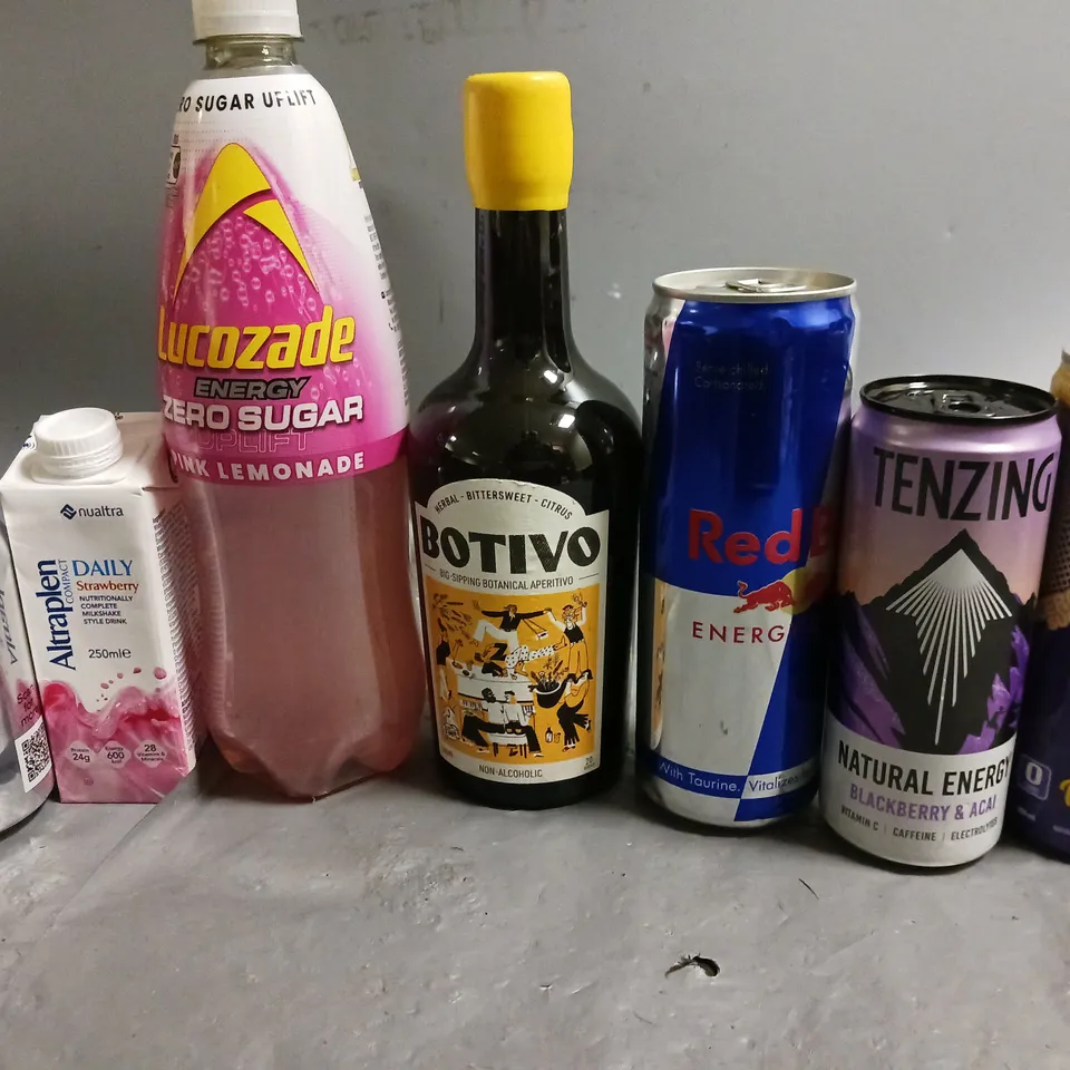 LOT OF APPROXIMATELY 16 ASSORTED DRINKS TO INCLUDE BOTIVO BOTANICAL APERITIVO, ENERGY DRINKS AND ALTRAPLEN