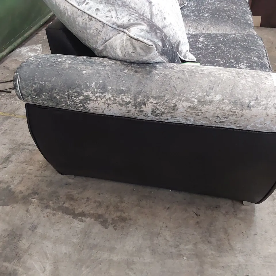 DESIGNER THREE SEATER SOFA BLACK FAUX LEATHER  & CRUSHED SILVER VELVET WITH SCATTER CUSHIONS 
