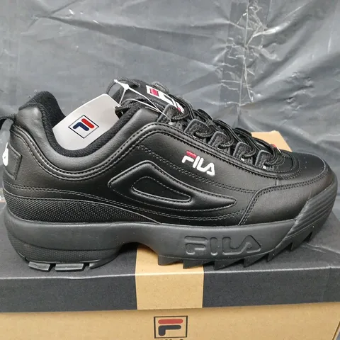 BOXED PAIR OF FILA DISRUPTOR PREMIUM TRAINERS IN BLACK - UK SIZE 9