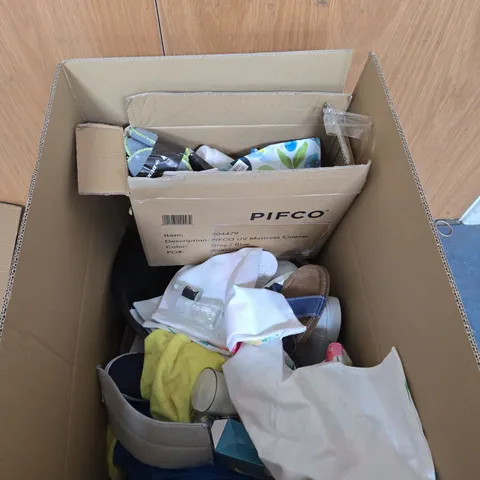 PIFCO UV MATTRESS CLEANER – BOXED (VERIFY MODEL) WITH ASSORTED ITEMS BOX OF LARGE QUANTITY HOUSEHOLD GOODS .