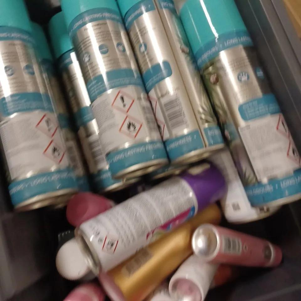 BOX OF APPROX 15 ASSORTED AEROSOLS TO INCLUDE MILLION BODY SPRAY, FOAM FRESHENER, UNIQUE HAIR SPRAY - COLLECTION ONLY 