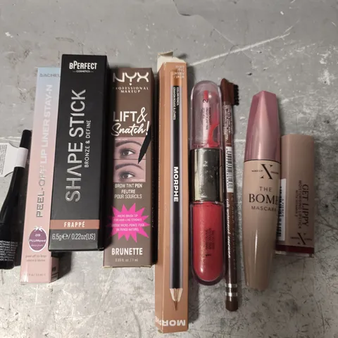 LOT OF 9 ASSORTED MAKE UP ITEMS TO INCLUDE THE BOMB MASCARA, BPERFECT SHAPE STICK AND LIP LINER