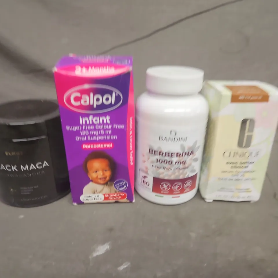APPROXIMATELY 10 ASSORTED ITEMS TO INCLUDE : BLACK MACA SUPPLEMENT, CALPOL INFANT SUSPENSION, BERBERINE 1000 MG BOTTLE