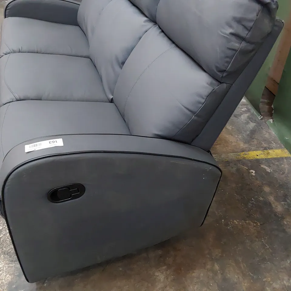 DESIGNER MANUAL RECLINING THREE SEATER SOFA GREY LEATHER WITH BLACK PIPING