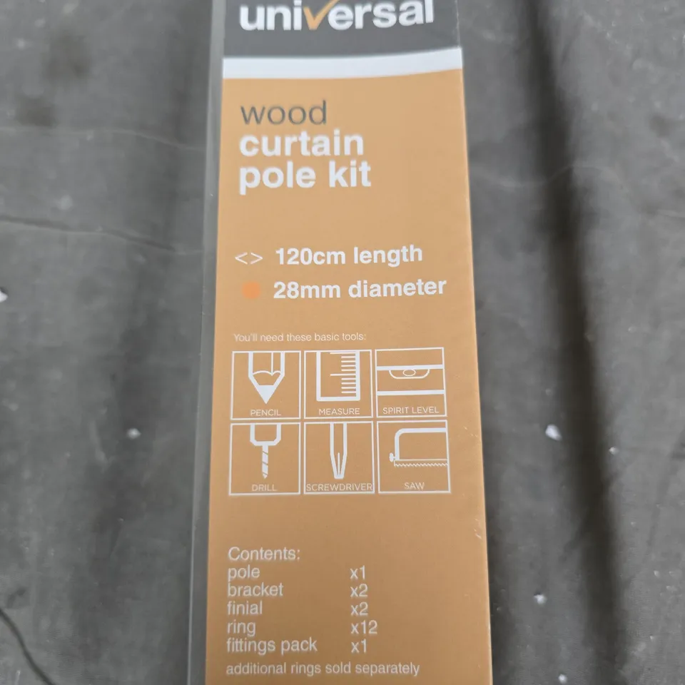 UNIVERSAL WOOD CURTAIN POLE KIT – 120 CM LENGTH, 28 MM DIAMETER