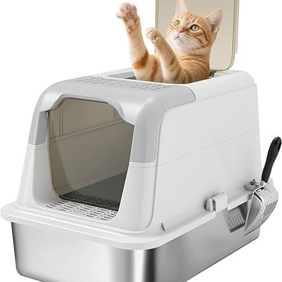 BOXED PAWHUT STAINLESS STEEL ENCLOSED LITTER BOX WITH METAL LITTER TRAY WITH SCOOP (1 BOX)