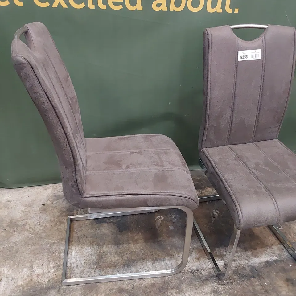 PAIR OF UPHOLSTERED DINING CHAIRS FAWN FAUX SUEDE ON CHROME FRAMES