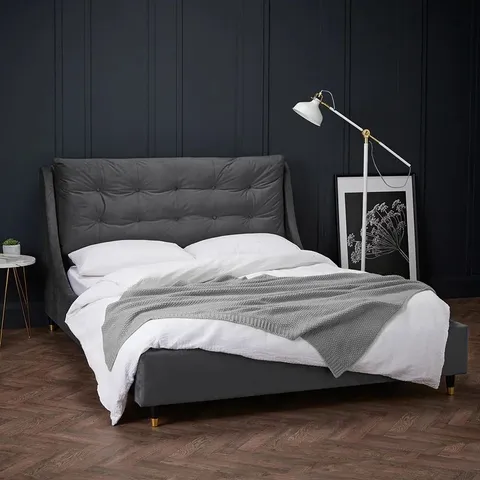 BOXED KAITLYN UPHOLSTERED BED FRAME - GREY // SIZE: KING (2 BOXES)