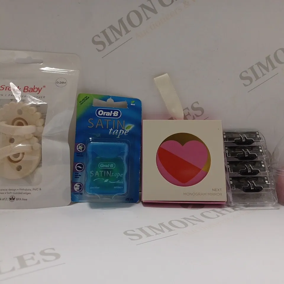 BOX OF APPROX 20 ASSORTED HEALTH AND BEAUTY ITEMS TO INCLUDE - OREAL B SATIN TAPE - STORK BABY 2 IN 1 PACIFIER - NEXT MONOGRAM MIRROR - GILLET MATCH 3 RAZORS SET OF 4 ECT