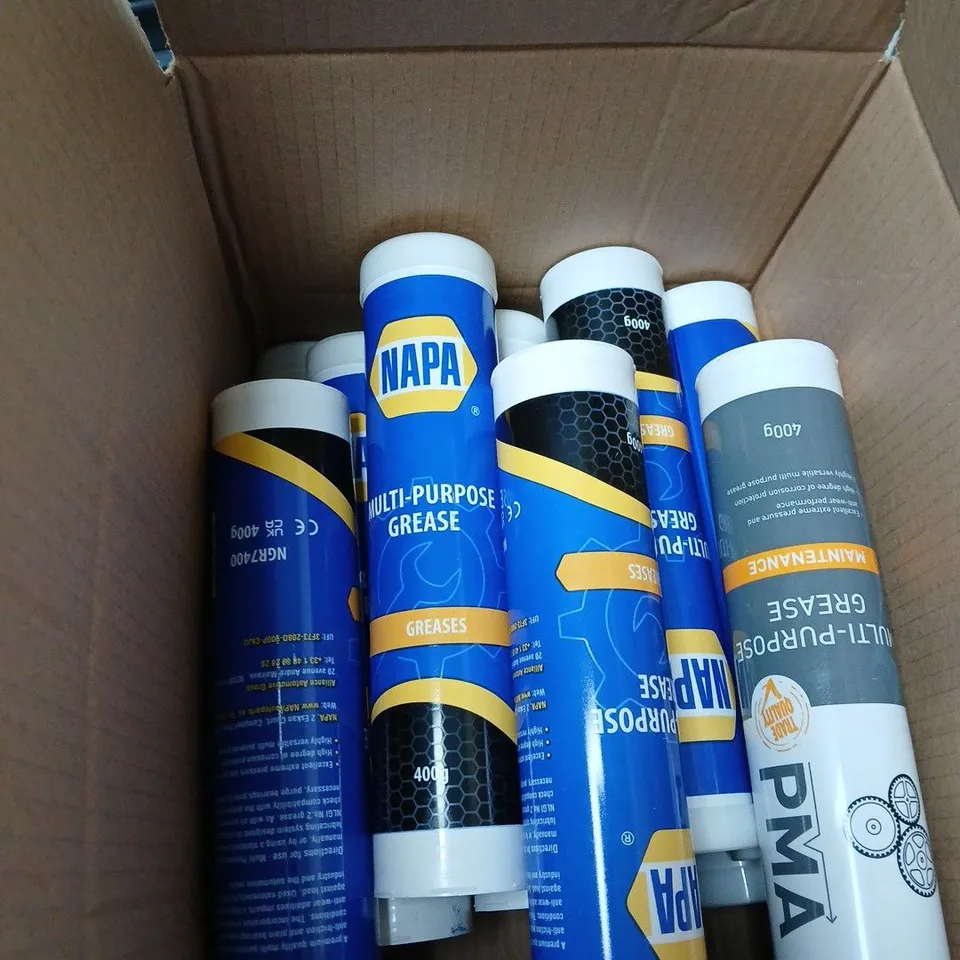 BOX OF APPROXIMATELY 10 TUBES OF ASSORTED PMA & NAPA MULTI-PURPOSE GREASE 400G TUBES 