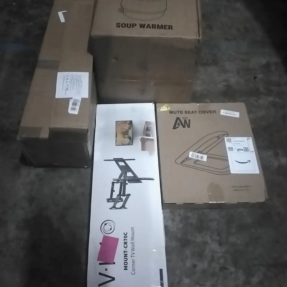 PALLET OF HOUSEHOLD ITEMS TO INCLUDE SOUP WARMER,CHRISTMAS TREE, CLOTHES RACK, CORNER TV WALL MOUNT, MUTE SEAT COVER AND OTHER ASSORTED ITEMS...