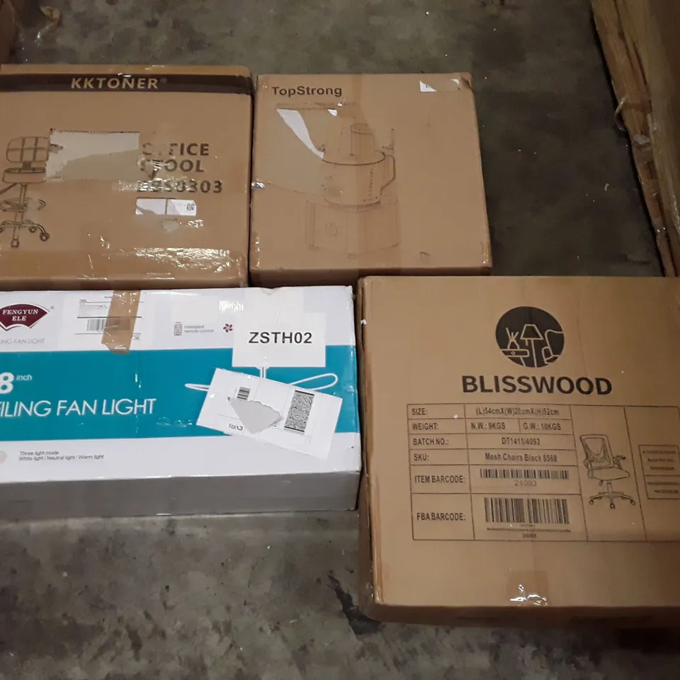 PALLET OF ASSORTED PRODUCTS INCLUDING OFFICE STOOL, MULTIFUNCTIONAL FOOD PROCESSOR, CEILING FAN LIGHT, MESH CHAIR