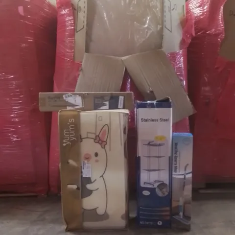 PALLET OF ASSORTED HOUSEHOLD GOODS AND FURNITURE TO INCLUDE; YUM YUM'S PLAY MAT, HEALTHY SPARY MOP, BARRHA LED WALL LIGHT ETC