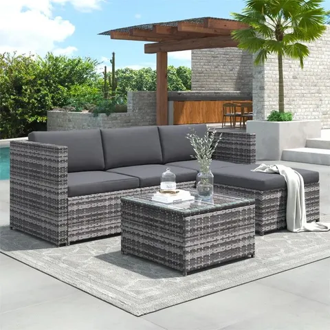 BOXED RATTAN GARDEN WICKER FURNITURE PATIO SOFA SET WITH GLASS COFFEE TABLE - GREY (2 BOX)