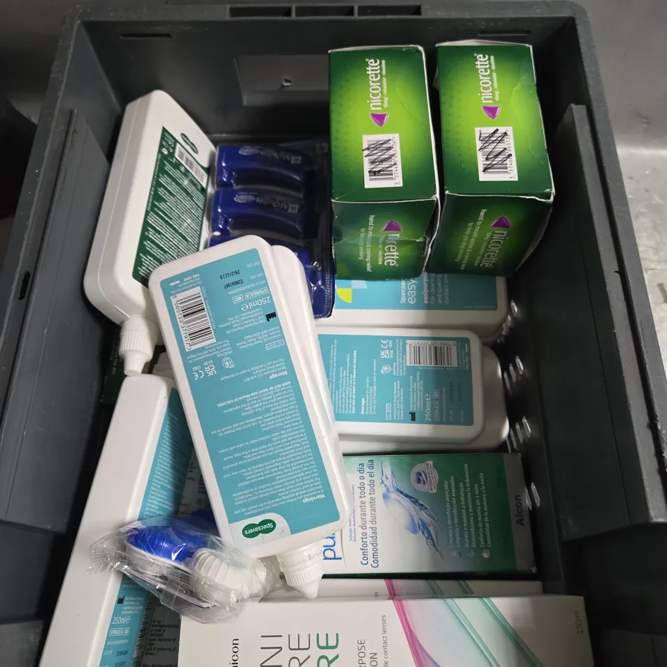 APPROXIMATELY 20 ASSORTED HEALTH PRODUCTS TO INCLUDE CONTACT LENS SOLUTION, NICORETTE PRODUCTS ETC 