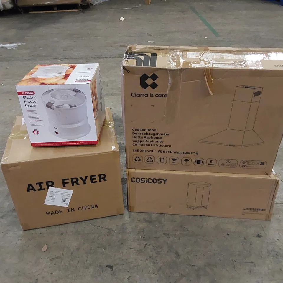 PALLET TO CONTAIN ASSORTED HOUSEHOLD ITEMS AND CONSUMER PRODUCTS. INCLUDING AIR FRYER, COOKER HOOD, ELECTRIC POTATO PEELER, CORNER DESK, BOXED FURNITURE ETC