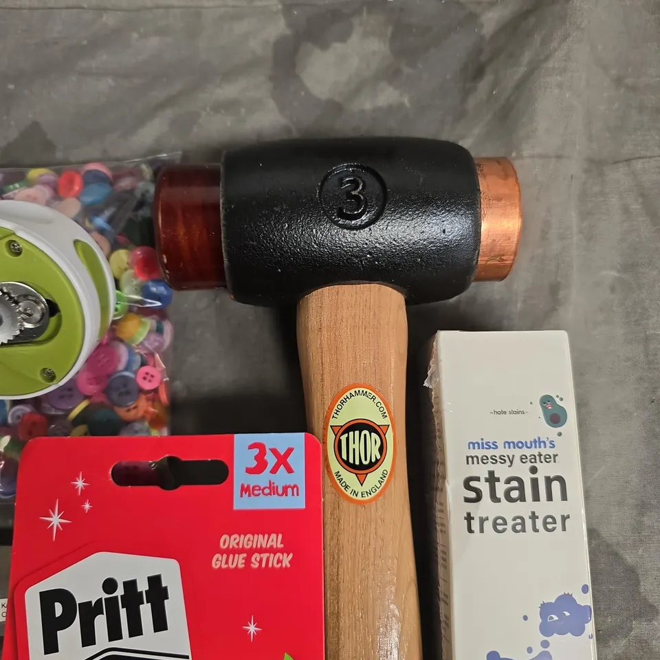 LOT OF ASSORTED HOUSEHOLD ITEMS TO INCLUDE THOR HAMMER, PRITT STICKS AND STAIN TREATER