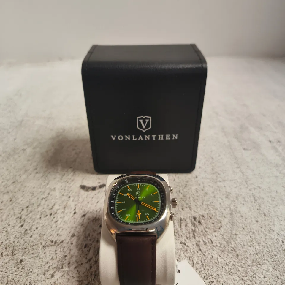 VONLANTHEN WRISTWATCH – GREEN DIAL, BROWN LEATHER STRAP (BOXED)