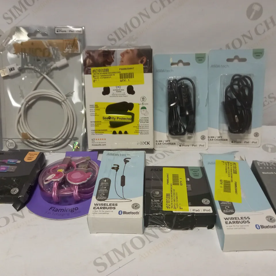 BOX TO CONTAIN APPROX. 20 X ASSORTED TECH PRODUCTS, INCLUDES CHARGING CABLES AND EARPHONES ETC 