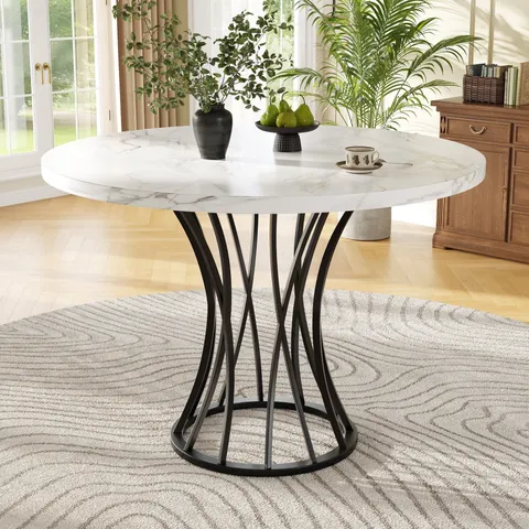 BOXED ROUND DINING TABLE 80X80CM MARBLED TOP 4-6 SEATER - BLACK LEGS (1 BOX)
