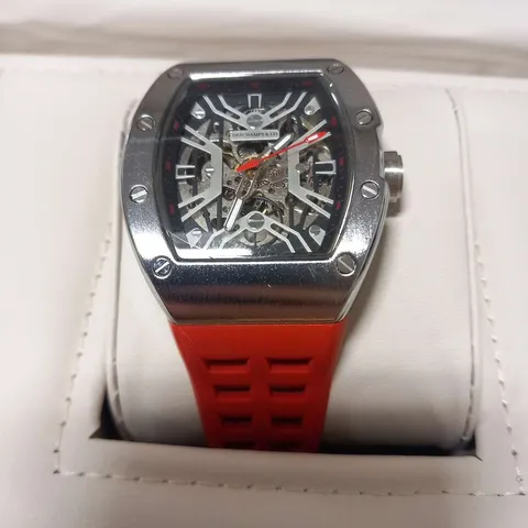 MENS AUTOMATIC DESCHAMPS & CO WATCH – SKELETON DIAL – GLASS EXHIBITION BACK CASE – RUBBER STRAP – WOODEN GIFT BOX – EST £925