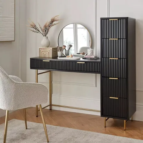 BOXED CORA DRESSING TABLE, MIRROR AND SIDE DRAWERS SET - BLACK/BRASS (2 BOXES)