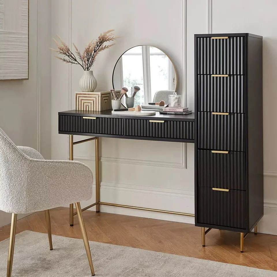 BOXED CORA DRESSING TABLE, MIRROR AND SIDE DRAWERS SET - BLACK/BRASS (2 BOXES)